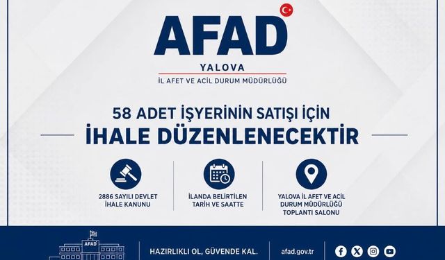 Yalova’da 58 İşyeri Satışa Çıkıyor