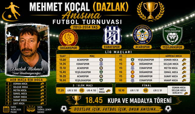 Yalova'da Dazlak Mehmet Anısına Futbol Turnuvası Başlıyor