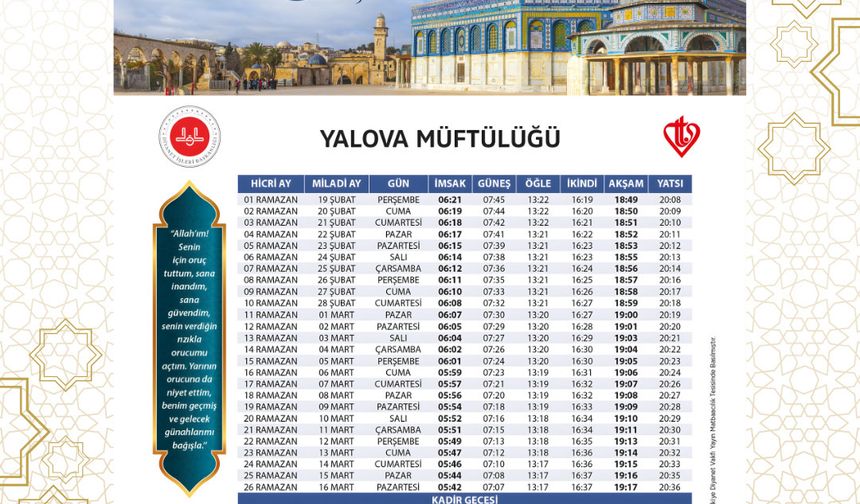 2026 Yılı Yalova Ramazan İmsakiyesi Açıklandı