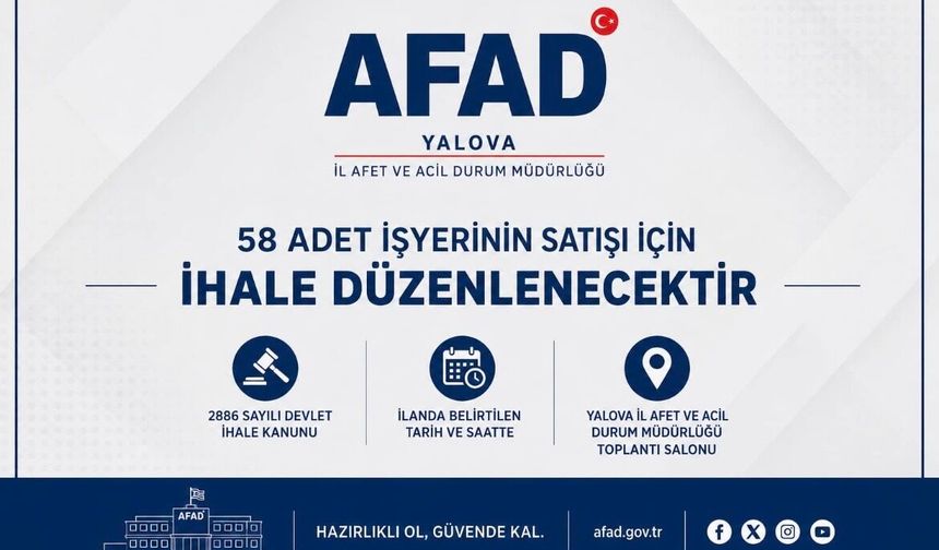 Yalova’da 58 İşyeri Satışa Çıkıyor