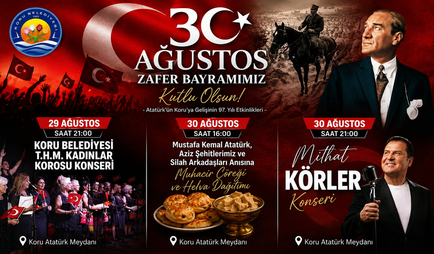 Koru Belediyesi’nden Çifte Bayram Coşkusu: Atatürk’ün Beldeyi Ziyareti ve 30 Ağustos Kutlama Programı Belli Oldu