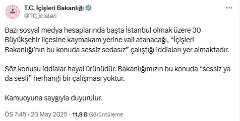 Bakanlıktan 30 İlçeye Vali Atanacak İddialarına Yalanlama