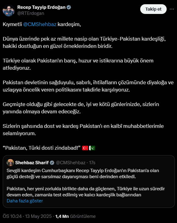 Erdoğan’dan Pakistan’a Kardeşlik Vurgusu