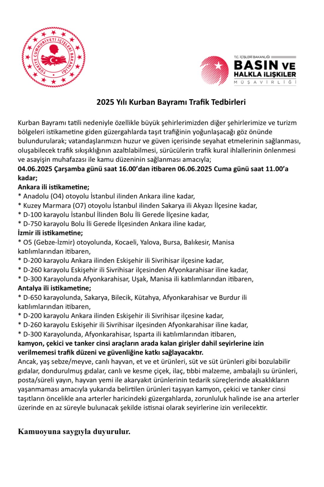Bayram Tatili İçin Trafik Kısıtlaması