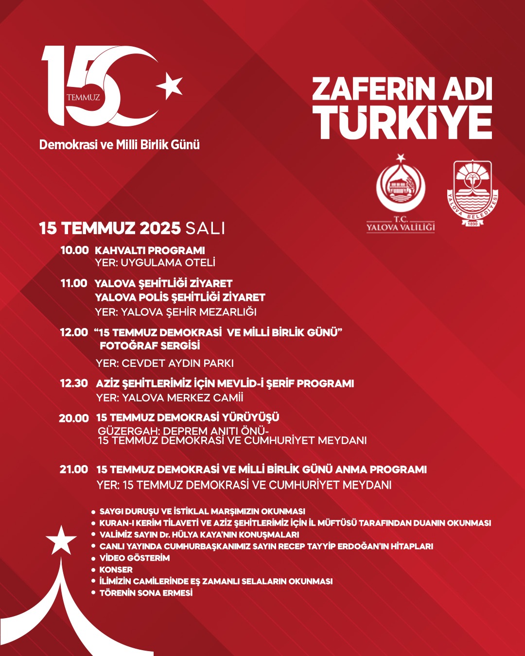 Yalova’da 15 Temmuz Demokrasi ve Milli Birlik Günü etkinlikleri