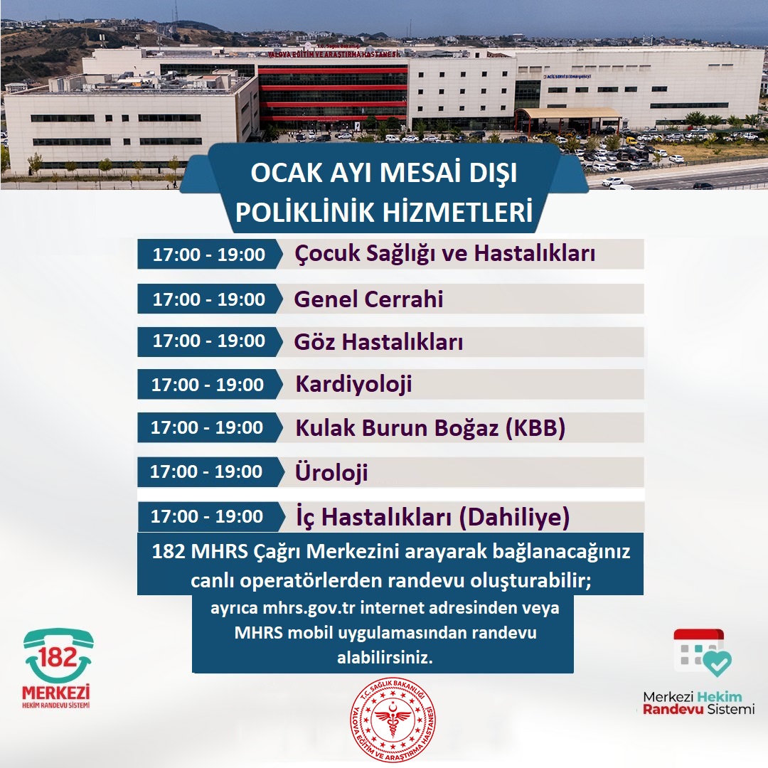 Yalova mesai dılı branşlar dr ve rabdevu saatleri